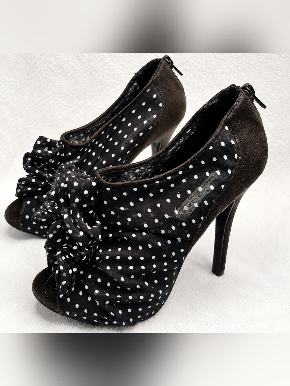 Pinup Rockabilly Polka Dot Ruffle Peep Toe Platform Stiletto Heels Womens Sz 7.5